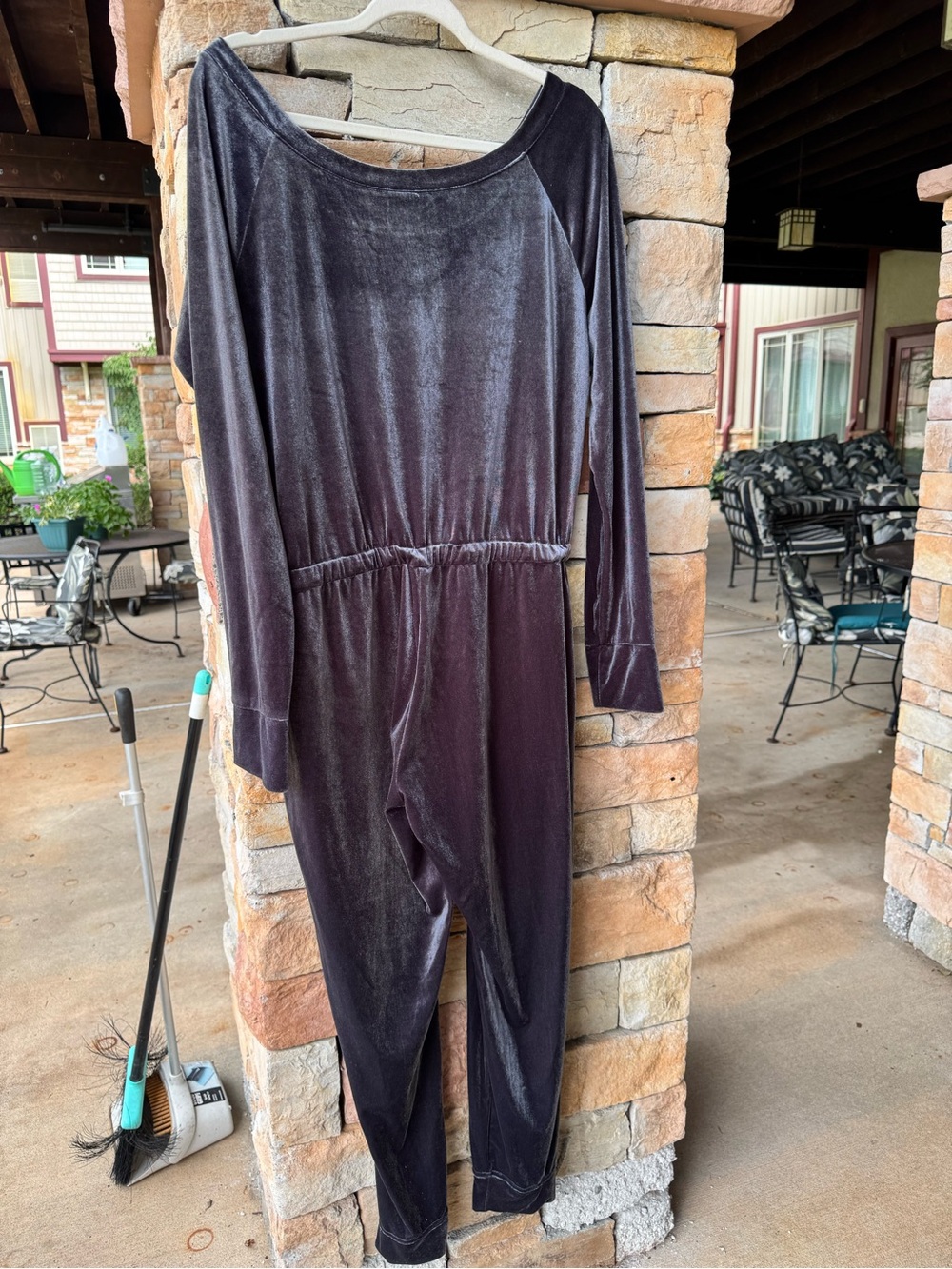 Velvet Long-Sleeve Jumpsuit in Deep Charcoal